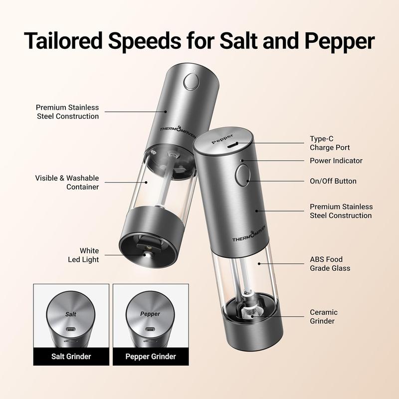 Electric Salt & Pepper Grinder Set – 3.2oz, Rechargeable, 6 Coarseness Levels, LED Light 🌟 - INEUMALL