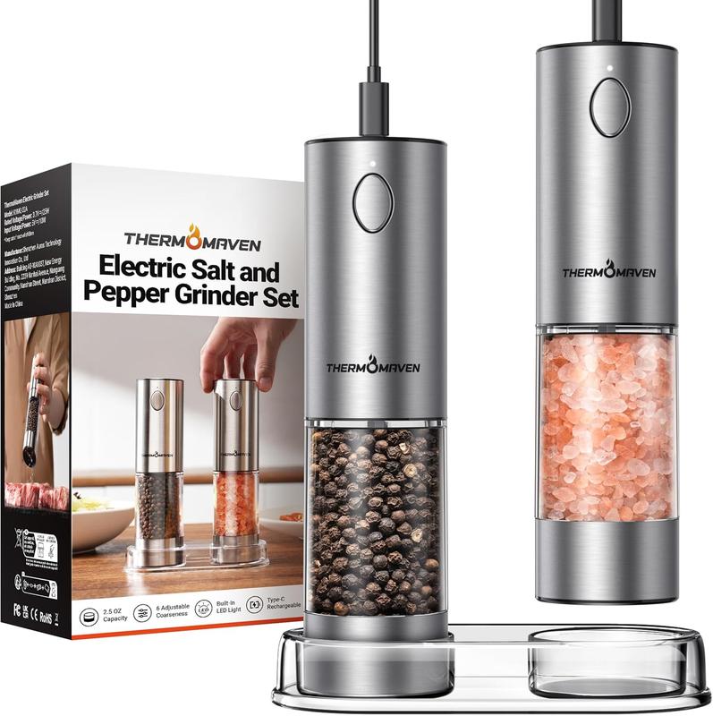 Electric Salt & Pepper Grinder Set – 3.2oz, Rechargeable, 6 Coarseness Levels, LED Light 🌟 - INEUMALL